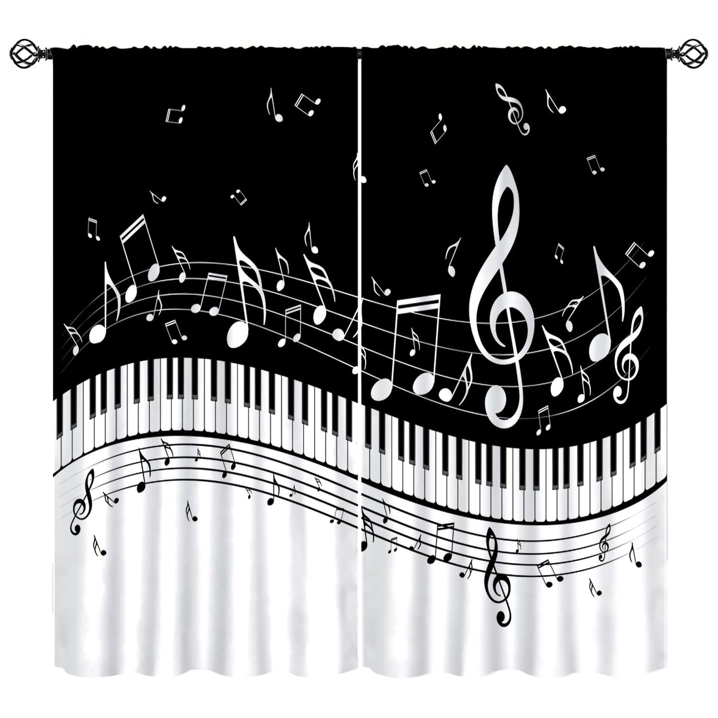 Music Notes Curtain, Black White Musical Notes Piano Key Musical Instruments Modern Romantic Art Window Drapes for Bedroom Living Room 42" W X 45" L(No Blackout)