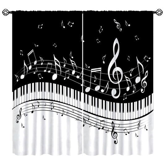 Music Notes Curtain, Black White Musical Notes Piano Key Musical Instruments Modern Romantic Art Window Drapes for Bedroom Living Room 42" W X 45" L(No Blackout)