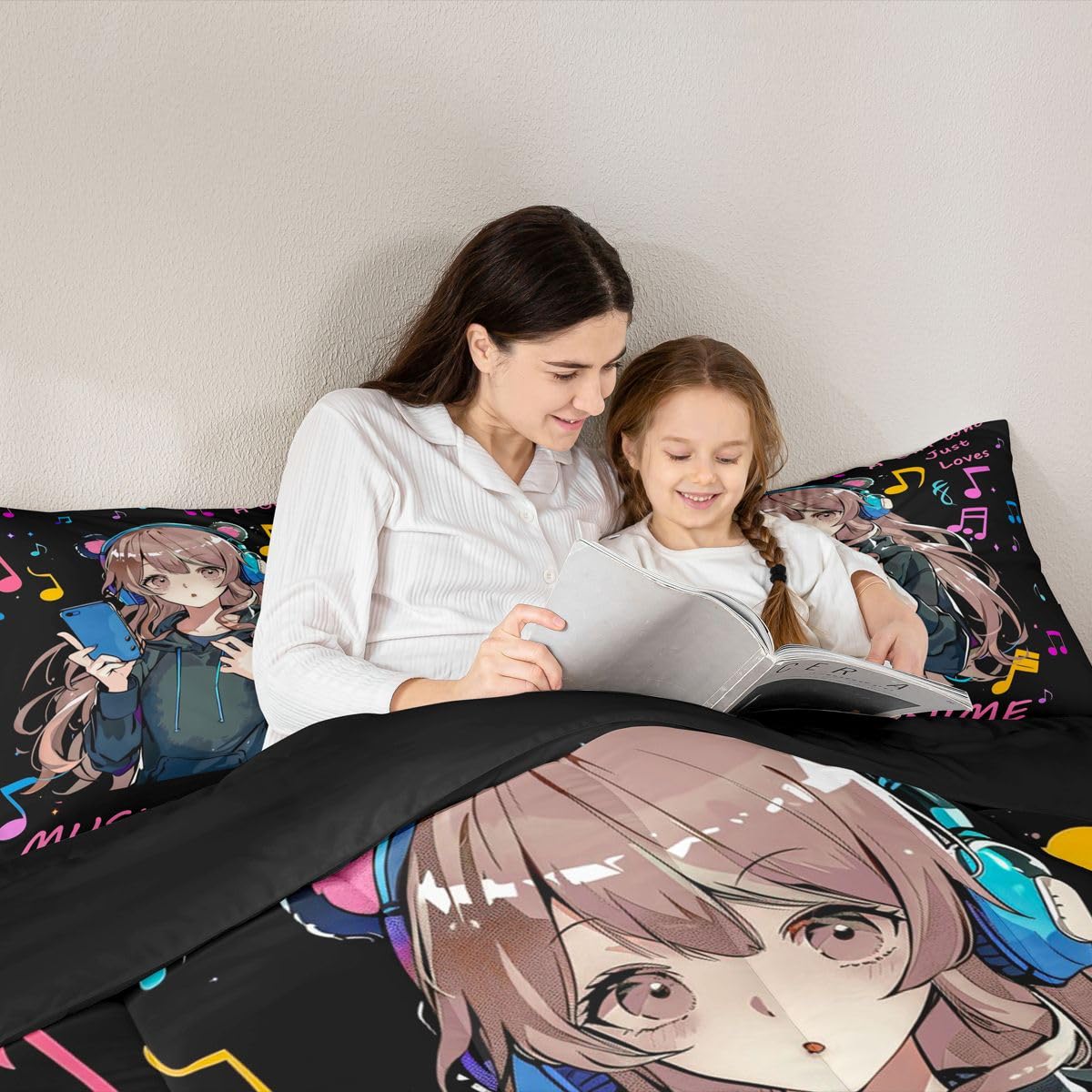 Erosebridal Pink Anime Girl Toddler Bedding Set,Music Note Comforter Set Anime Gifts for Kids Girls,Musical Themed Quilt Bed Set Japanese Anime Bedding Comforter Sets,1 Pillowcase Room Decor