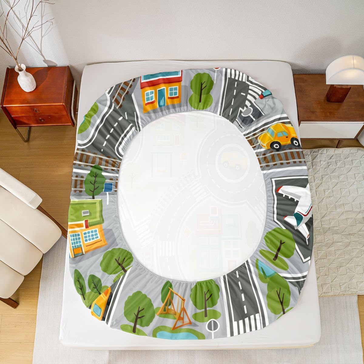 Manfei City Traffic Map Fitted Sheet Set Crossroad Street Airplane Bedding Set for Kids Bedroom Cartoon Cute Car Building Bed Sheet Set 3pcs Deep Pocket Mattress Cover,No Top Flat Queen Gray Black