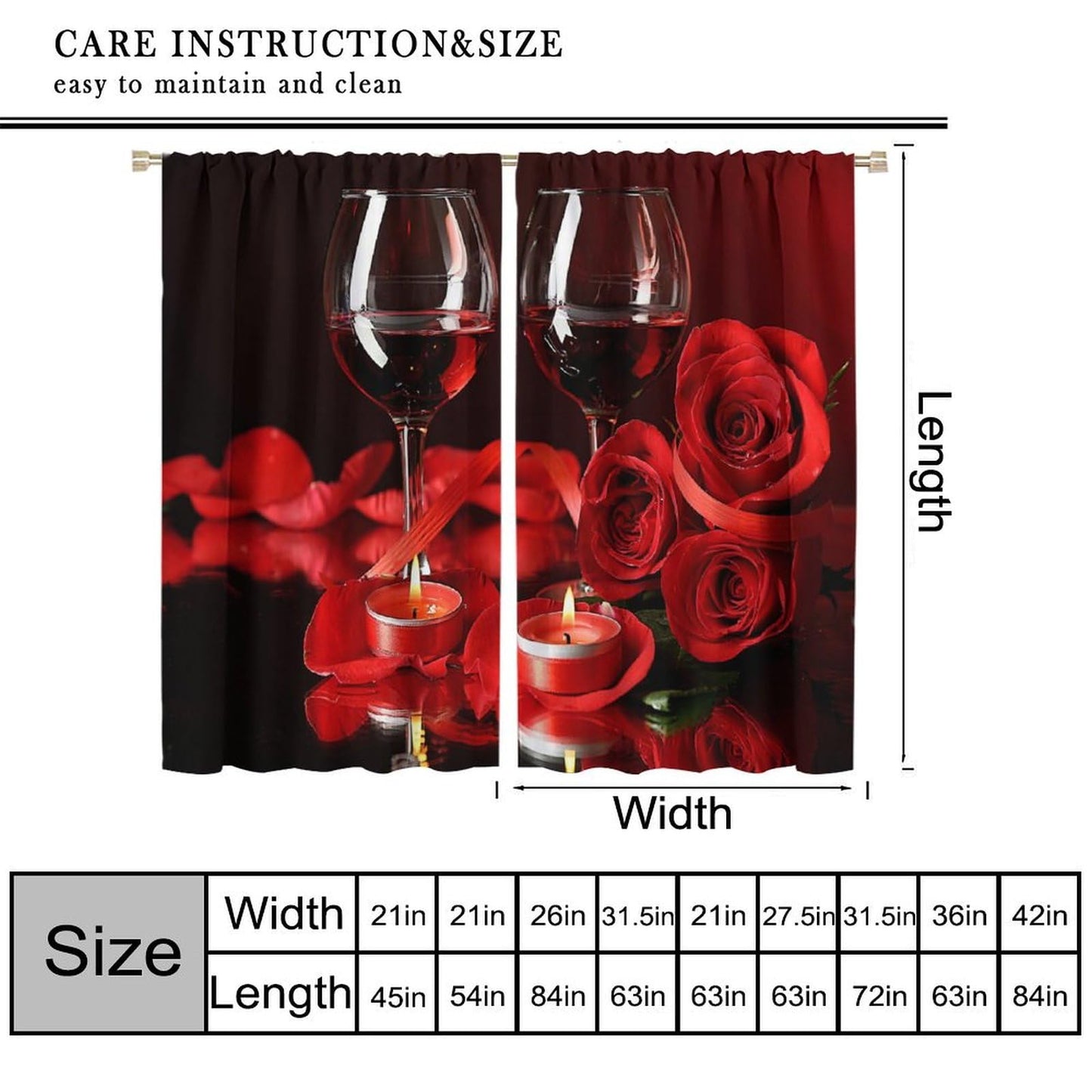SENRUEGT Red Rose Wine Curtains for Bedroom,Valentine's Day Window Drapes Red Rose Petals Modern Romantic Window Treatments for Living Room Women Bedroom 42" W X 45" L