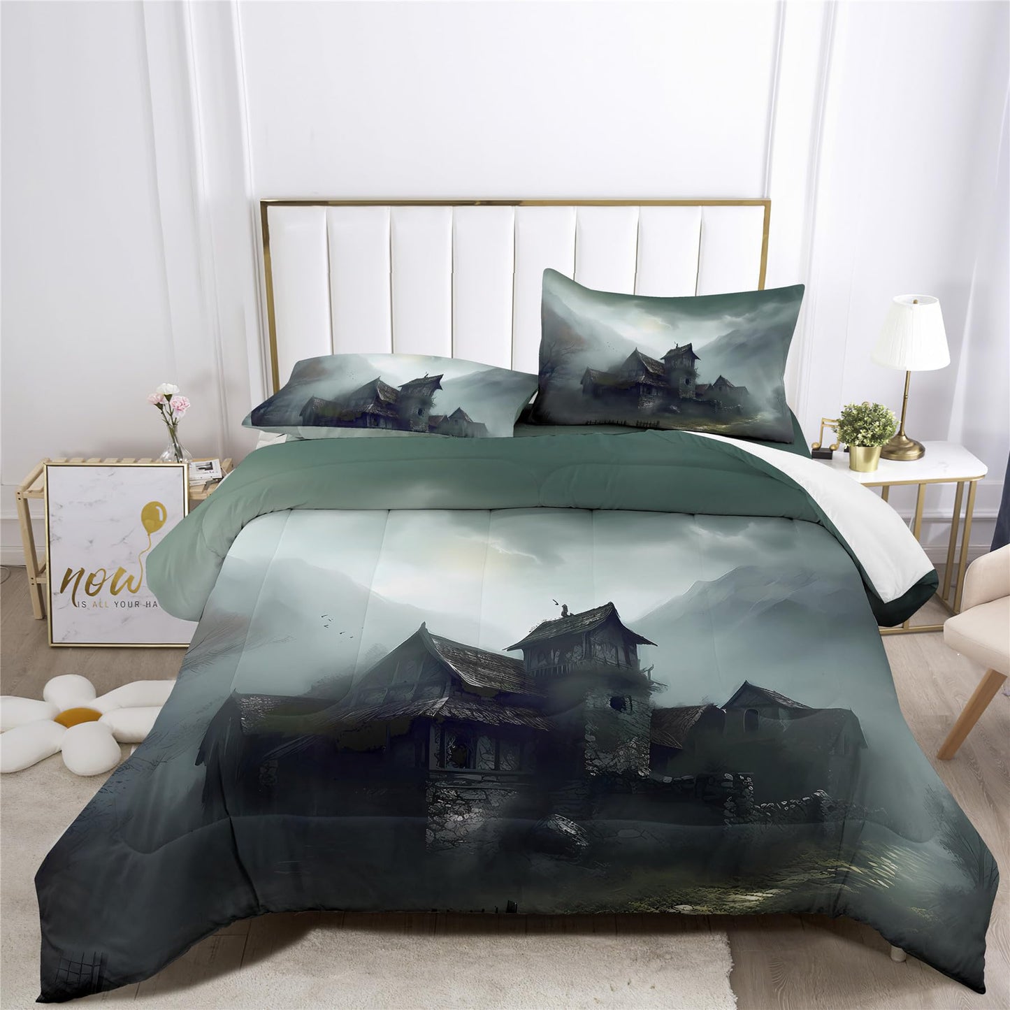Halloween Haunted House Design Comforter Set | Horror Festive Night Spooky Manor Prints Bedding Set | with Soft Comforter+2 Pillow Shams(3PCS) or Sheet (4PCS) (C,Full-3PCS)