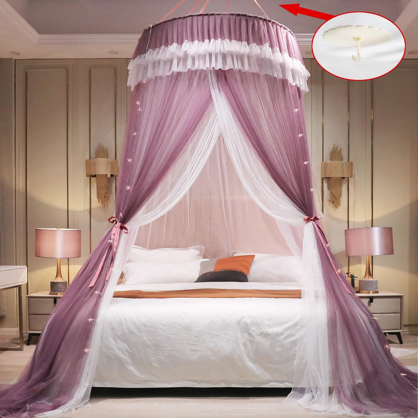 AIKASY Girls and Adults Canopy Bed, Elegant Double-Layer Bed Curtain, Children's Dream Round Lace Mosquito Net, Princess Canopy Net - Fits Twin, Full, Queen, and King Beds (White/Red Bean)