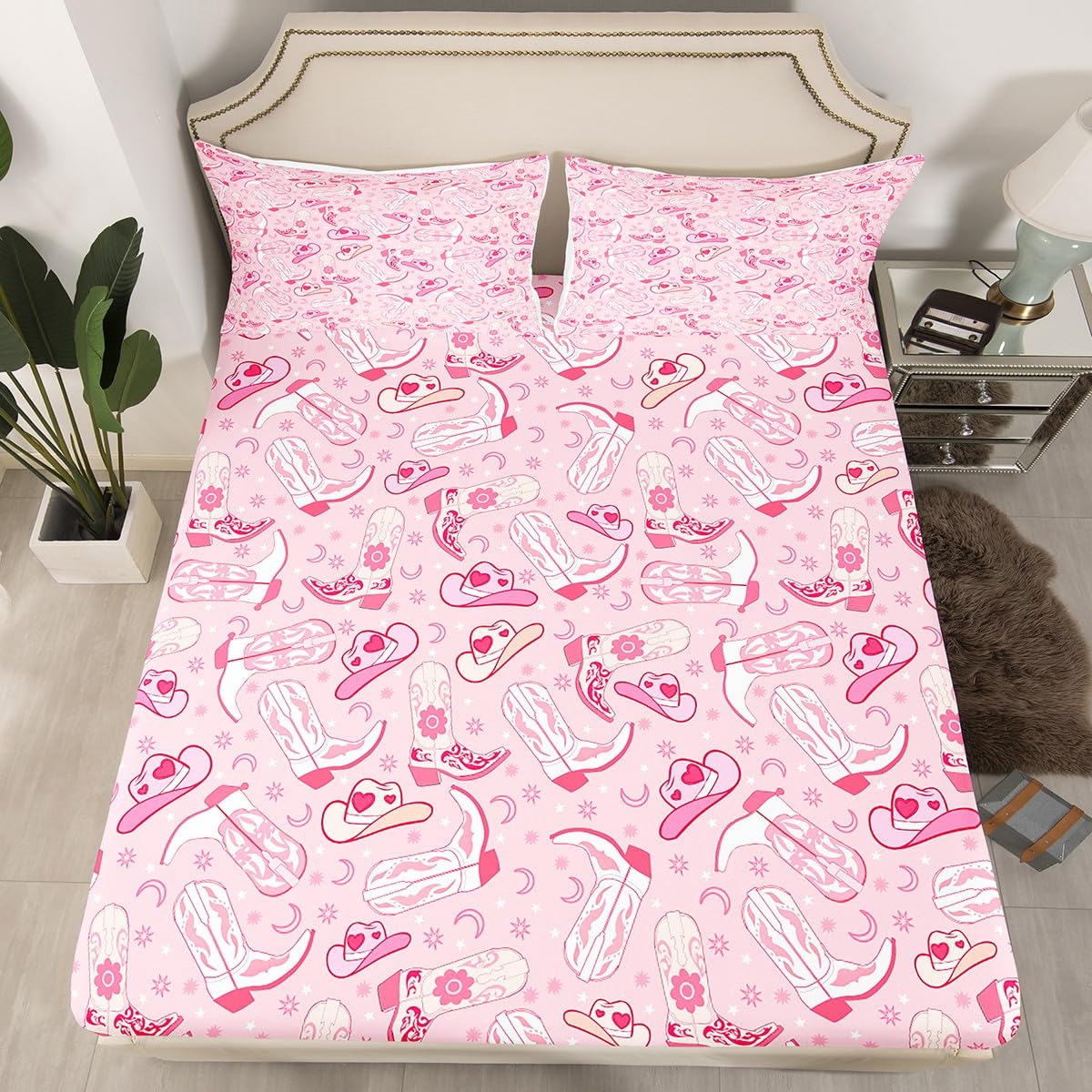 Feelyou Weatern Decor Sheet Set Boys Girls Pink Howday Sheets with Deep Pocket Fitted Sheet Queen Size Riding Boots Bed Sheets Set Farmhouse Cowboy Hat Bedding Set Wild Western Cowboy Bed Set 4Pcs