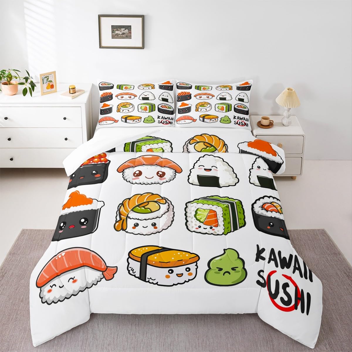 Erosebridal Sushi Pattern Comforter Set Queen, Japanese Style Down Comforter, Food Theme Quilted Duvet for Kids Boys Girls Teens, Cute Cartoon Japanese Sushi Quilt Set Room Decorative