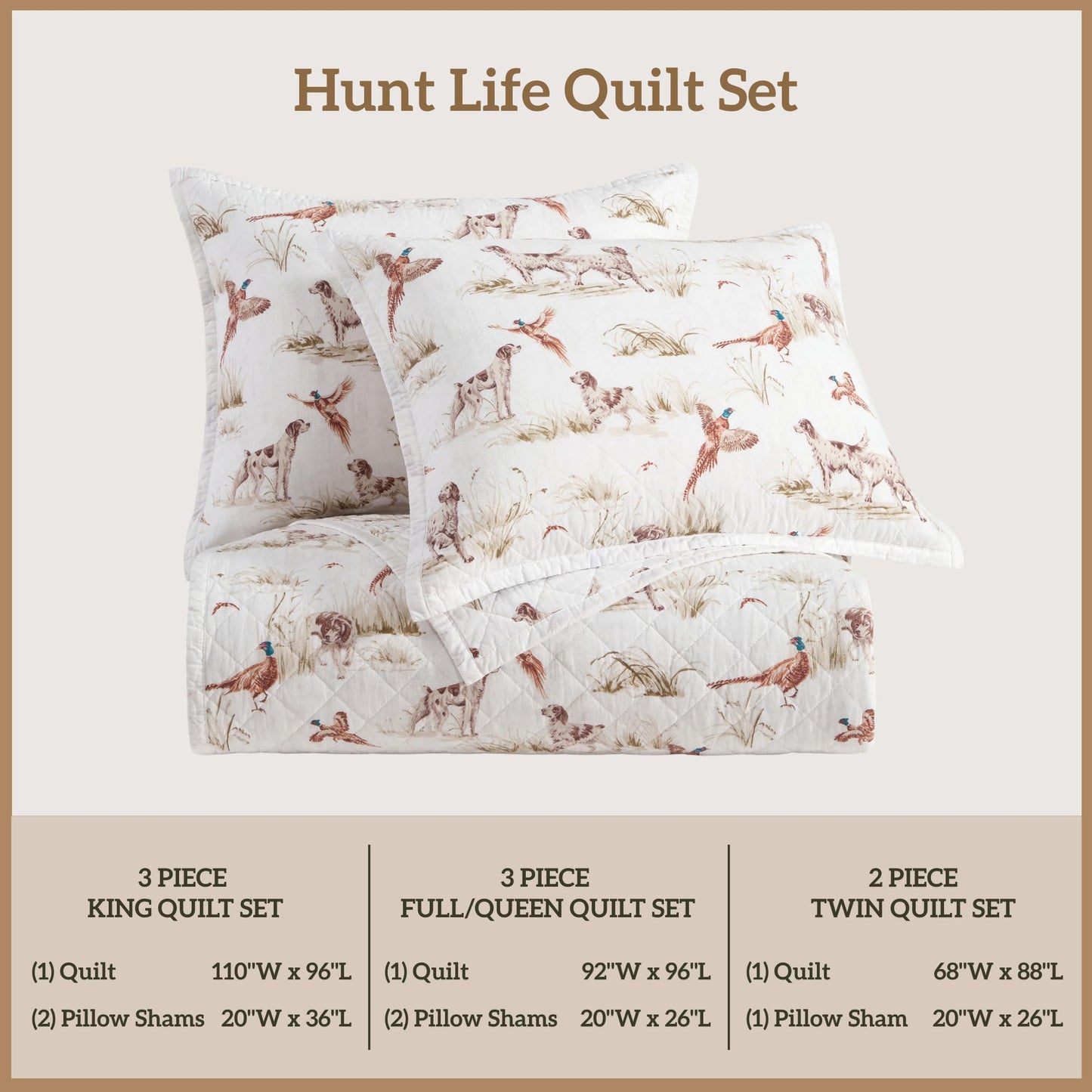 Paseo Road Hunt Life Cotton Quilt Set, 3 Piece Queen Bedding Set with Pillow Shams, White Brown Pheasant Hunting Dog Reversible Quilt Set, Soft Breathable Cozy Lightweight Quilt, Rustic Cabin Bedding