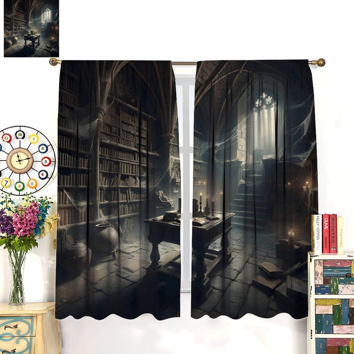 Nsbul Gothic Library Curtains, Mysterious Halloween Spooky Bookshelf Webs Dark Decor Window Treatment for Bedroom Living Room Festive Holiday, 42" W X 45" L(No Blackout)