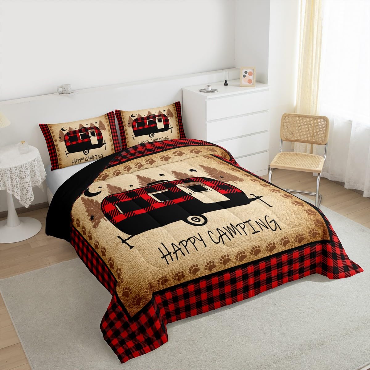 Erosebridal Camping Accessories Comforter Set Retro Farmhouse Bedding King, Black and Red Bedding Comforter Sets Lattice Checked Duvet Set, Kawaii Camper Quilted Comforter Super Cozy 3pcs