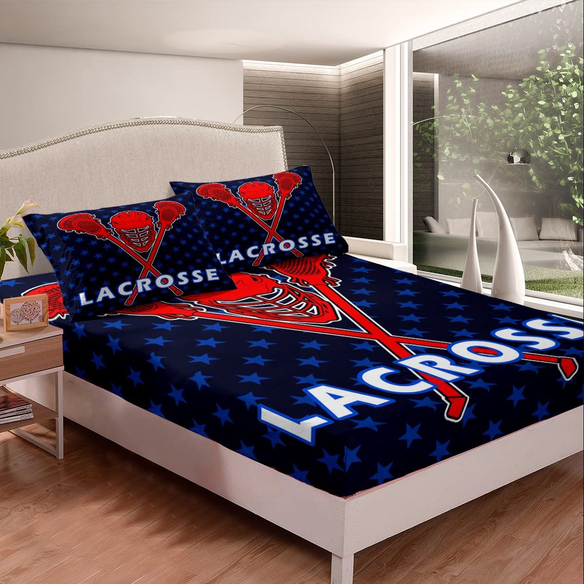 Lacrosse Fitted Sheet Blue Stars Lacrosse Balls Sticks Bedding Set for Kids Boys Girls Sports Games Bed Sheets Set Breathable Hockey Bed Cover Winter Sports Room Decor Bed Set Full Size
