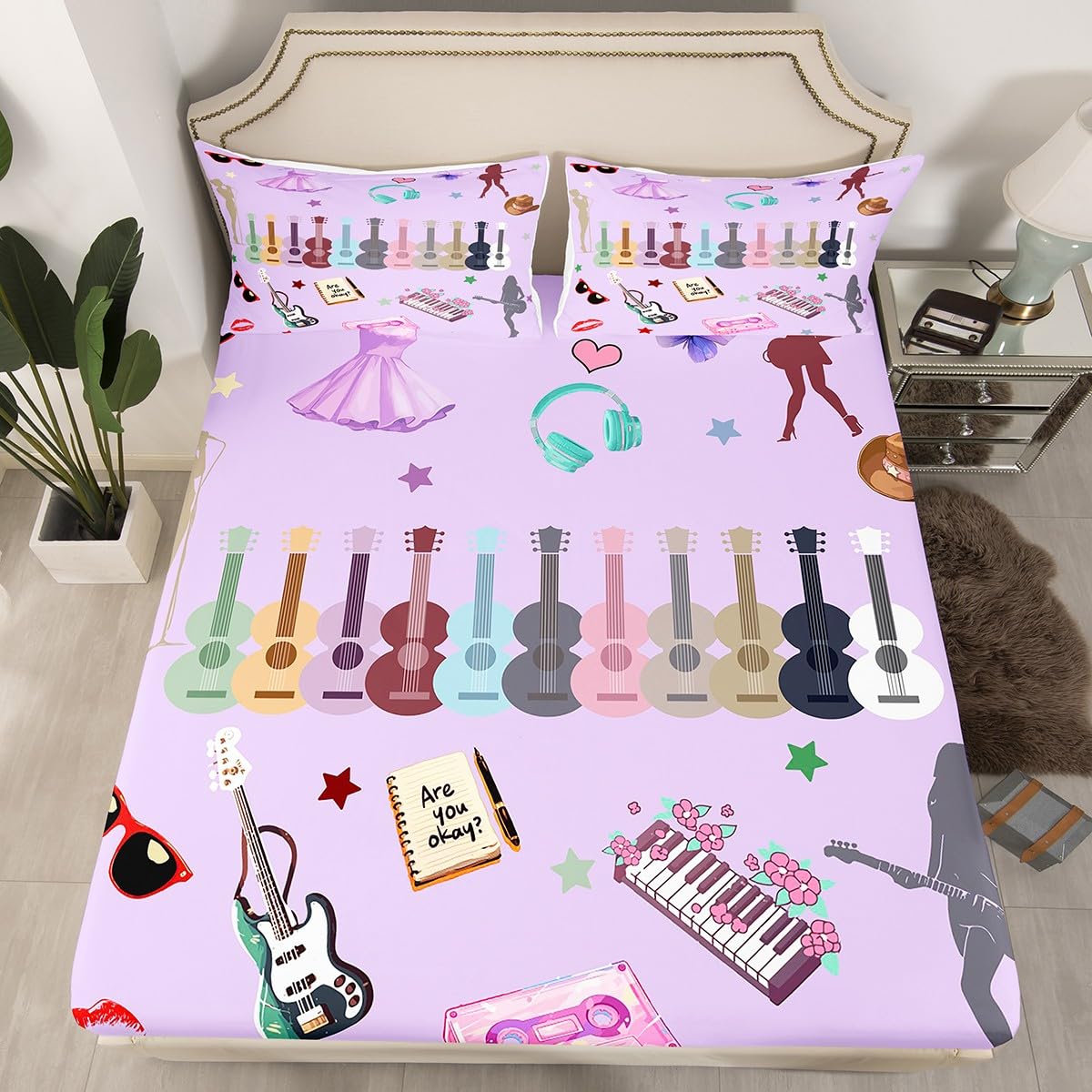 Erosebridal Music Fans Print King Bed Sheets Set Guitar Sheet Set Purple Sheets Modern Fashion Flat Fitted Sheet Gift for Singer Fans