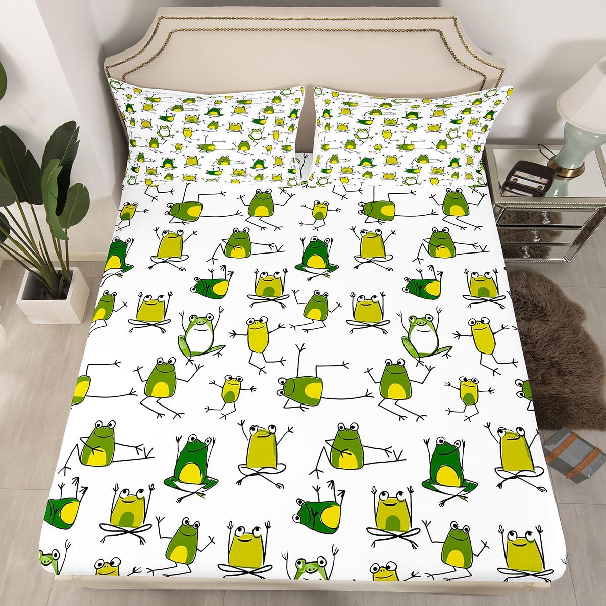 Erosebridal Green Frog Bed Sheets Funny Frog Sheet Set Full Size,Cartoon Wild Animals Fitted Sheet for Kids Child Toddler Boys,Cute Reptile Flat Sheet Lovely Wildlife Bedroom Decor