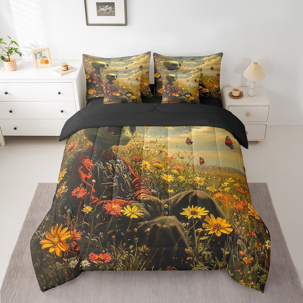 Feelyou Kids Alien Printed Comforter Set with Sheets Queen Size, Trippy Alien 7 Pieces Bedding Set Boys Girls Outer Space Bed in A Bag Butterfly Teens Bed Set Bedroom Decor 7Pcs