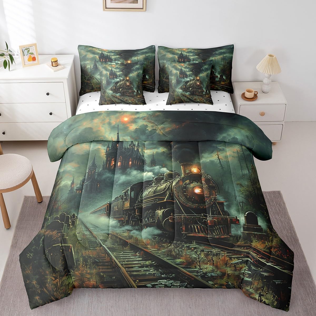 7 Pieces Twin Size Retro Train Comforter Set,Steam Locomotive Train Bedding Set for Boys Girls,Trippy Castle Jungle Halloween Theme (Comforter+Fitted+Flat Sheet+2 Pillowcases+2 Throw Pillow Covers)