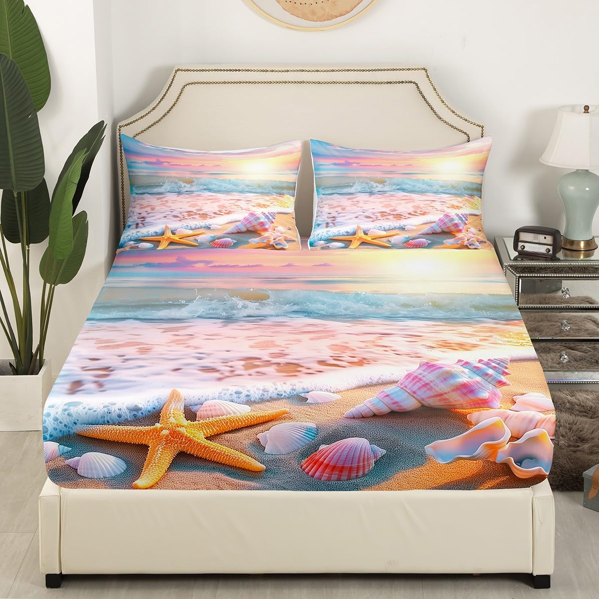 jejeloiu Pink Beach Theme Fitted Sheet Full Size Kids Summer Sea Ocean Sunset Bed Sheets Set for Boys Girls Teens Wave Coastal Starfish Seashell Natural Scenery Bedding Set Room Decor