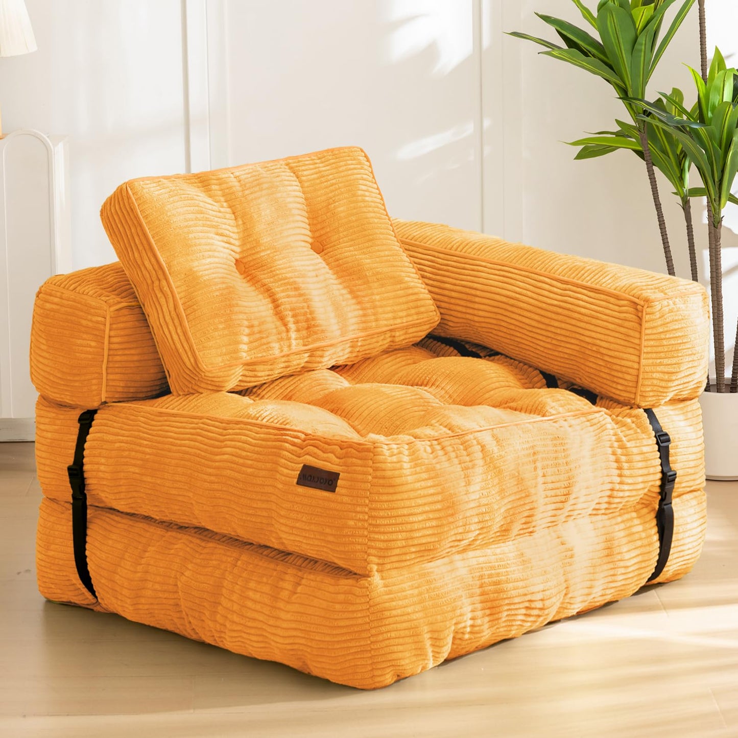 MAXYOYO Folding Sofa Bed, L-Shaped Convertible Sofa Bed Foldable Couch with Pillow, Portable Fold Out Chair Lounge for Living Room Bedroom, Orange