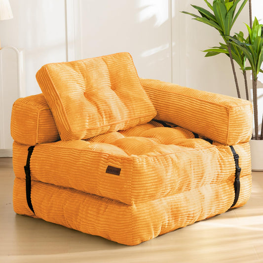 MAXYOYO Folding Sofa Bed, L-Shaped Convertible Sofa Bed Foldable Couch with Pillow, Portable Fold Out Chair Lounge for Living Room Bedroom, Orange