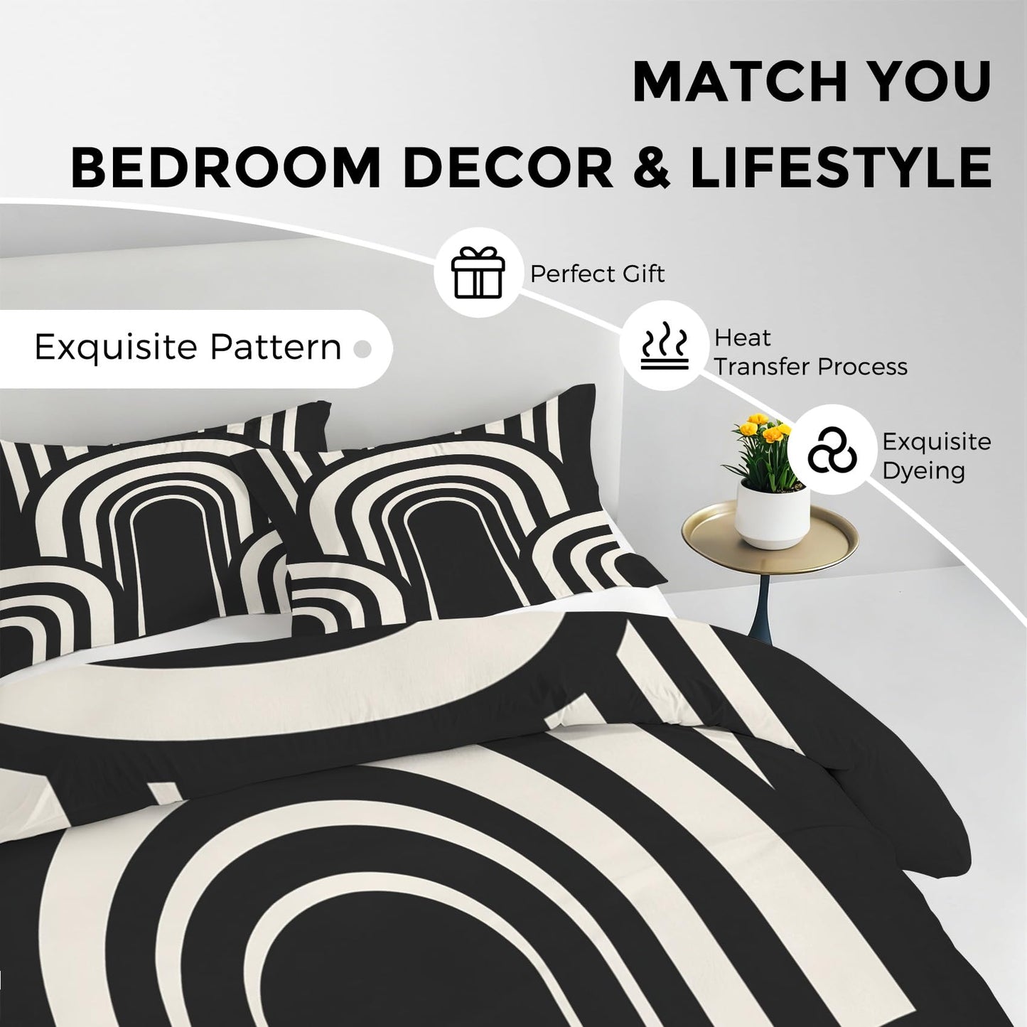 Mid Century Modern Duvet Cover Twin Size, Boho MCM Bedding Set 2 pcs with 1 Pillow Cover, Black and White Geoemtric Bedroom Decor, Soft Microfiber Reversible, Zipper & Ties KJJT 106
