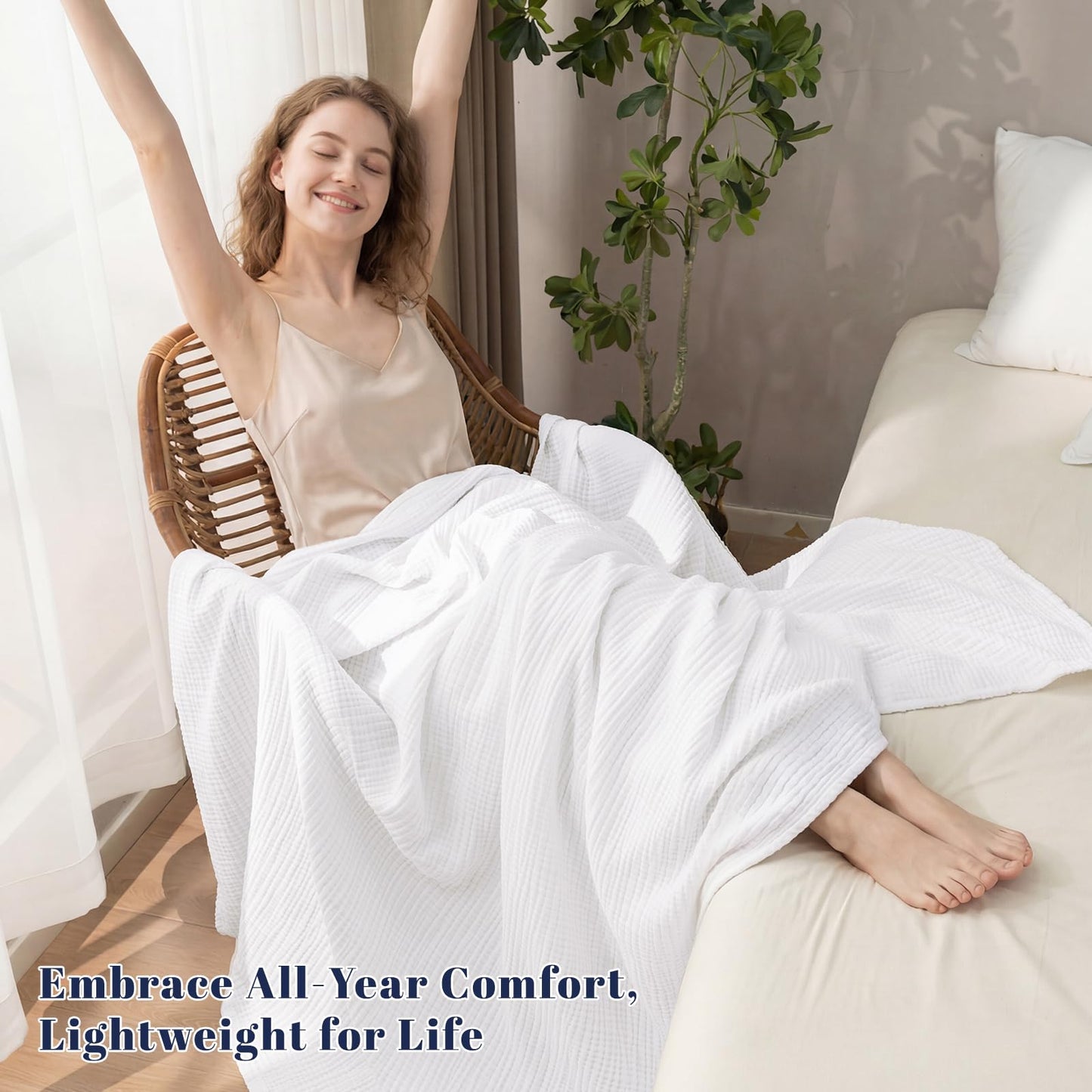 PHF 100% Cotton Muslin Throw Blanket 50" x 60", 4-Layer Lightweight Gauze Throw, Breathable Cloud-Soft Minimalist Blanket for Bed, Couch, Camping & Baby, White, Ideal Gift