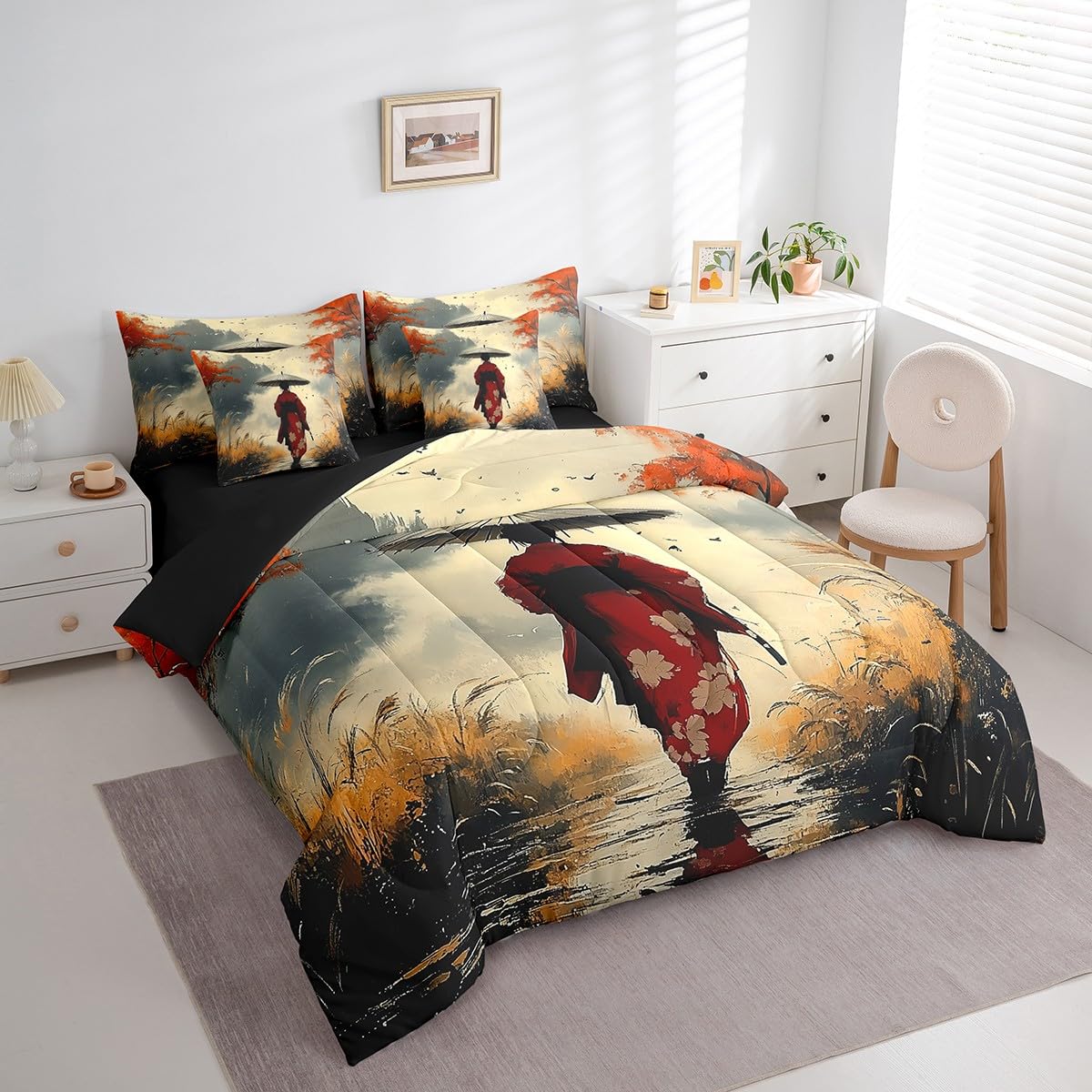 Erosebridal Aesthetic Japanese Comforter Set Twin,Japan Kimono Bed in a Bag for Girl Women Lady,Samurai Ukiyoe Bedding Set 7Pcs,Japan Scenery Quilt