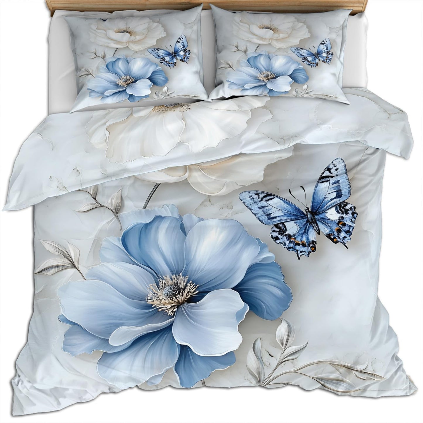 QINYUN 3D Butterfly Duvet Cover King Size, Modern Blue Floral Bedding Set 3 Piece Bedroom Decor Elegant Flowers Comforter Cover with Zipper Ties & 2 Pillowcases