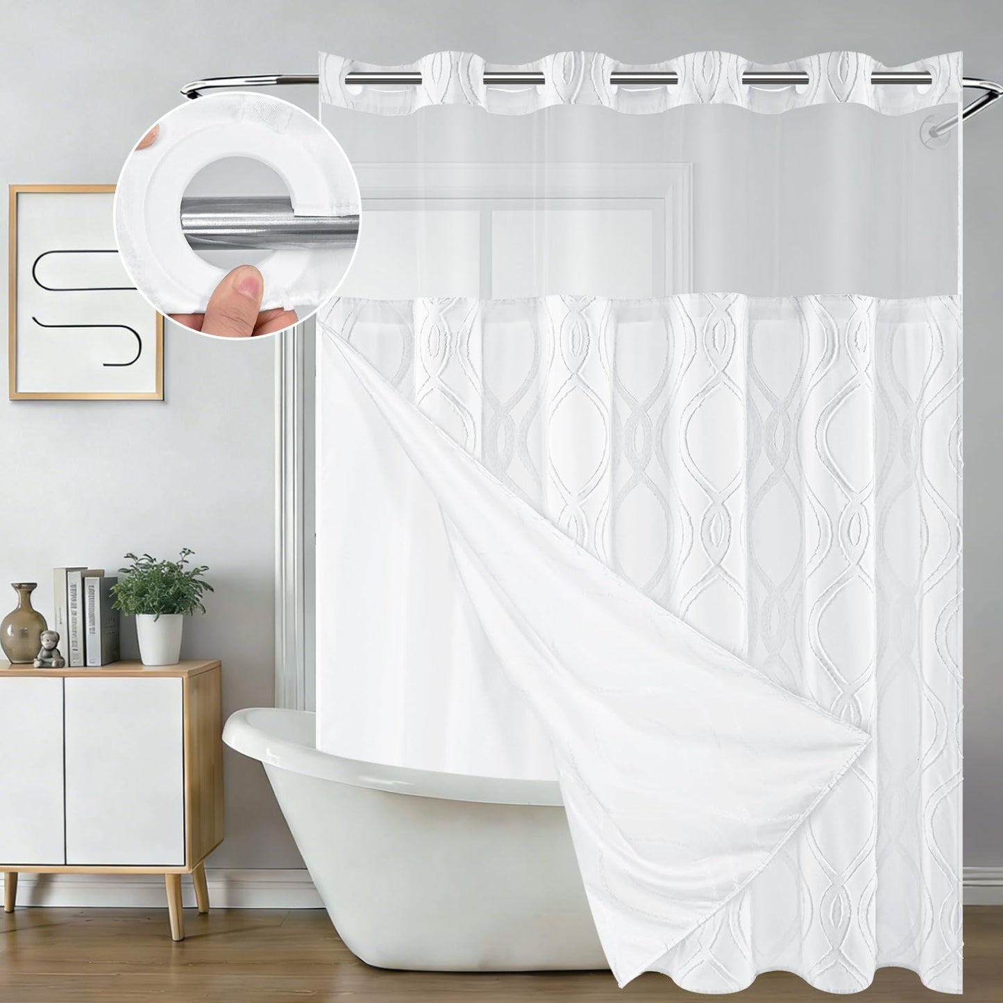 Yinhua No Hook Shower Curtain with Snap in Liner Set, Tufted Waterproof Shower Curtains for Bathroom Washable Bath Curtain Hotel Style Curtains with See Through Top Window, White, 71" W×74" L