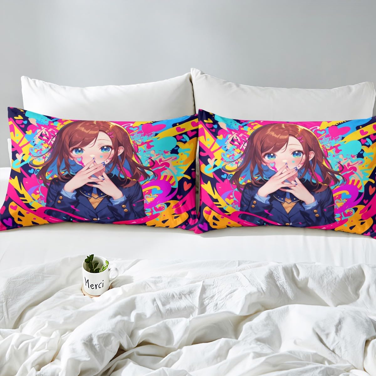 Erosebridal Anime Girl Twin Bed Sheets, Japanese Anime Bedding Set 2 Piece for Kids Girls Teens Adult Bedroom Decor, Cartoon Girl Fitted Sheet Kawaii Japanese Animation Sheets