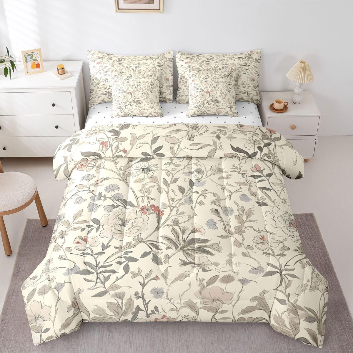 Erosebridal Floral Comforter Set Groovy Flower Bed in A Bag Queen Size 7 Pieces Oriental Blooming Bed Set Room Decor Natural Garden Botanical Bedding with Sheets