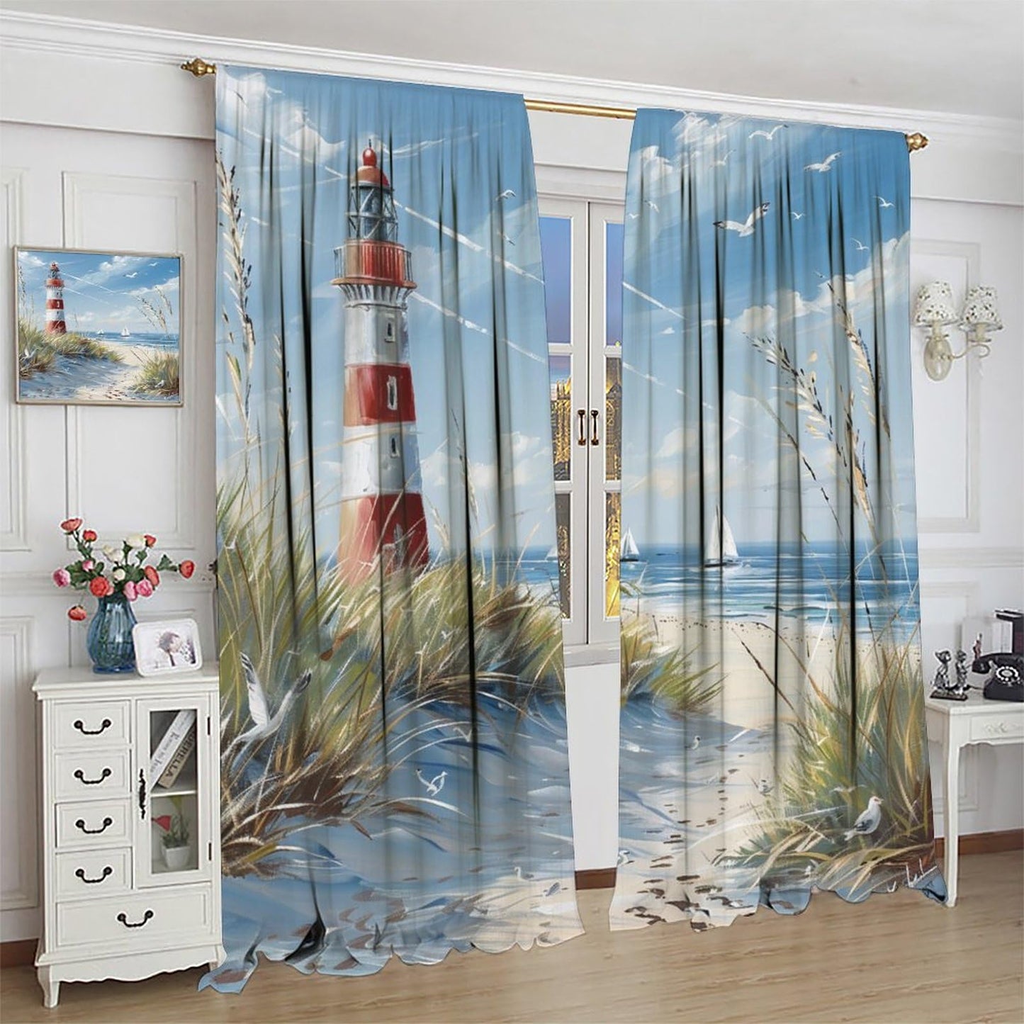 TOWINSFB Nautical Boat Lighthouse Blackout Curtains for Bedroom Living Room, Bird Beach Coast Nature Landscape Thermal Insulated Room Darkening Curtain- 2 Panels 45" L x 42" W