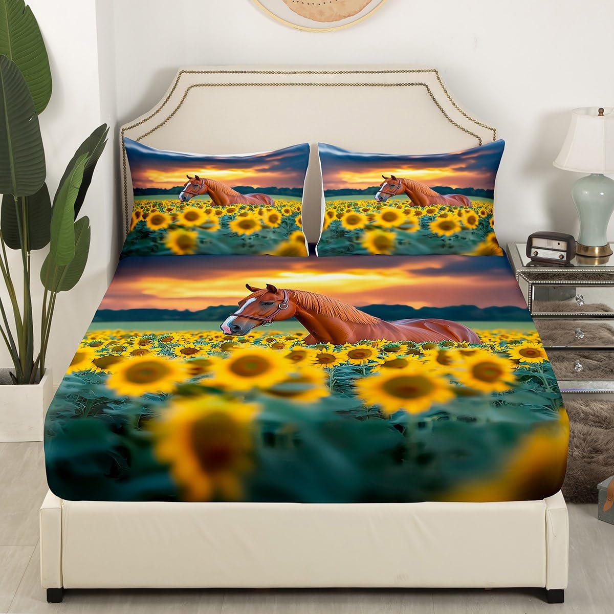 Feelyou Farmhouse Bed Sheets Horse and Sunflower Sheet Set Botanical Floral Bedding Farm Animal Flower Fitted Sheet Queen Size Includes 1 Sheets & 2 Pillowcases (No Flat Sheet)