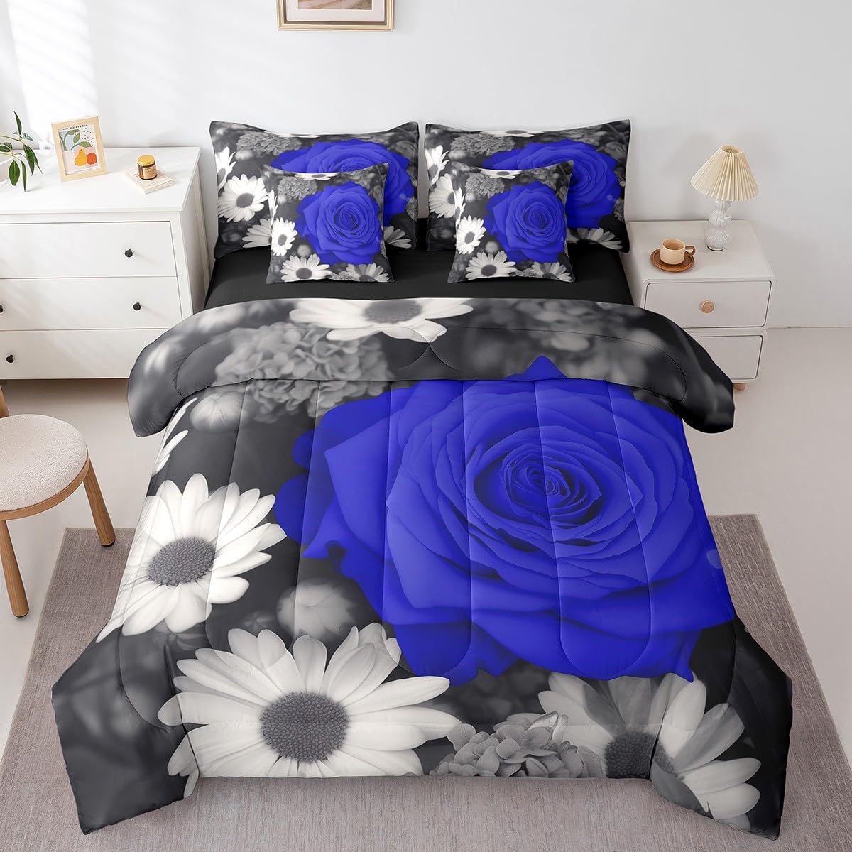 Erosebridal Rose 7 Pcs Comforter Set Full,Blue Grey Black Floral Bed in a Bag with Flat Sheet and Fitted Sheet for Men Women Couple,Romantic Flower Farmhouse Bedding Set with Pillowcase & Sham