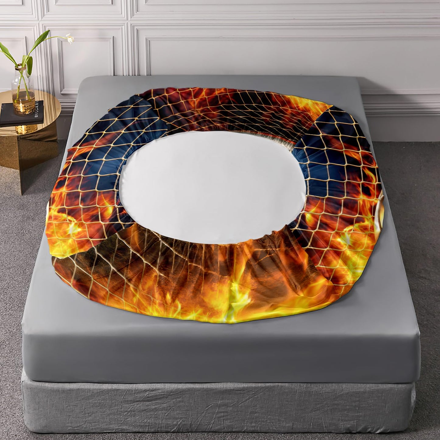 HOSIMA Soccer Twin Bedding Sets for Kids,Soccer Wrapped in Fire Kicked into Goal,Lightweight Sports Themed Football Fitted Sheet for Teens Boys Room Decor,1 Fitted Sheet+2 Pillowcases.