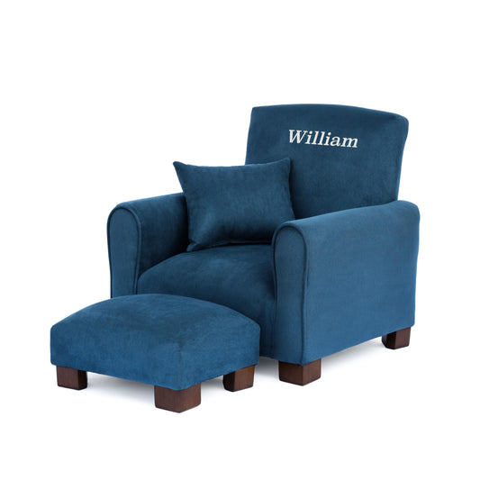 Toddler Personalized Armchair, Kids Upholstered Rocking Chair with Personalization, Toddler Chair with Personalized Name, Comfy Child Armchair, (Navy Suede, Legs)