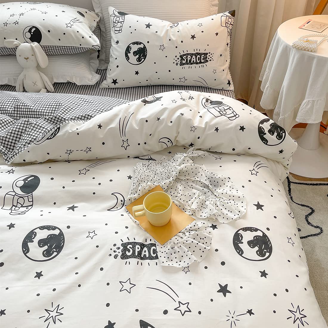 LIWHENHAO Space Duvet Cover Set 100% Cotton Full Queen Cartoon Rocket Astronaut Universe Planet Bedding 1 Black White Comforter Cover 2 Pillowcases for Kids Girls Boys Teens Woman