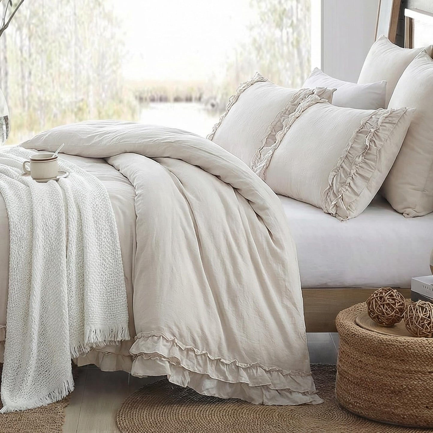 Bedorm Beige Duvet Cover Queen Shabby Chic Bedding Soft Breathable Washed Microfiber Ruffle Duvet Cover Coquette Cute Comforter Cover Girls Women