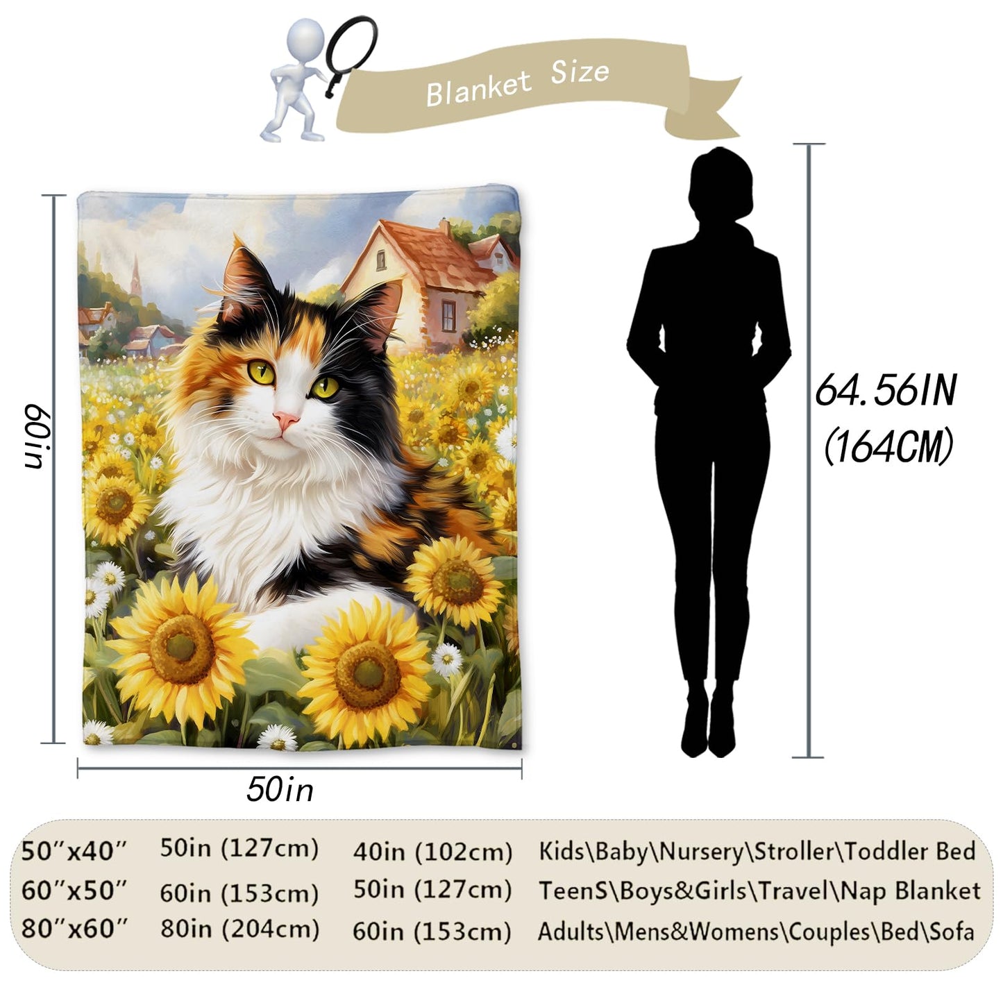 Ti Caldi Adorable Cat & Sunflower Blanket, Soft Fuzzy Flannel Throw Blanket for Couch, Bed, Travel & Home Decor, Lightweight Cozy Warm Blankets for Adults Kids Men Women 60×50 in