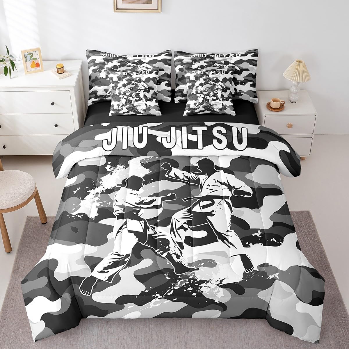 Manfei 7 Pieces Jiujitsu Comforter Set Full Size, Japanese Judo Sports Theme Bedding Set, Grey Camouflage Print Bed in A Bag with Comforter, Sheets and Pillowcases, Kids Boys Teen Room Decor