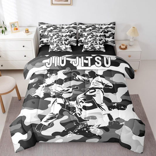 Manfei 7 Pieces Jiujitsu Comforter Set Full Size, Japanese Judo Sports Theme Bedding Set, Grey Camouflage Print Bed in A Bag with Comforter, Sheets and Pillowcases, Kids Boys Teen Room Decor
