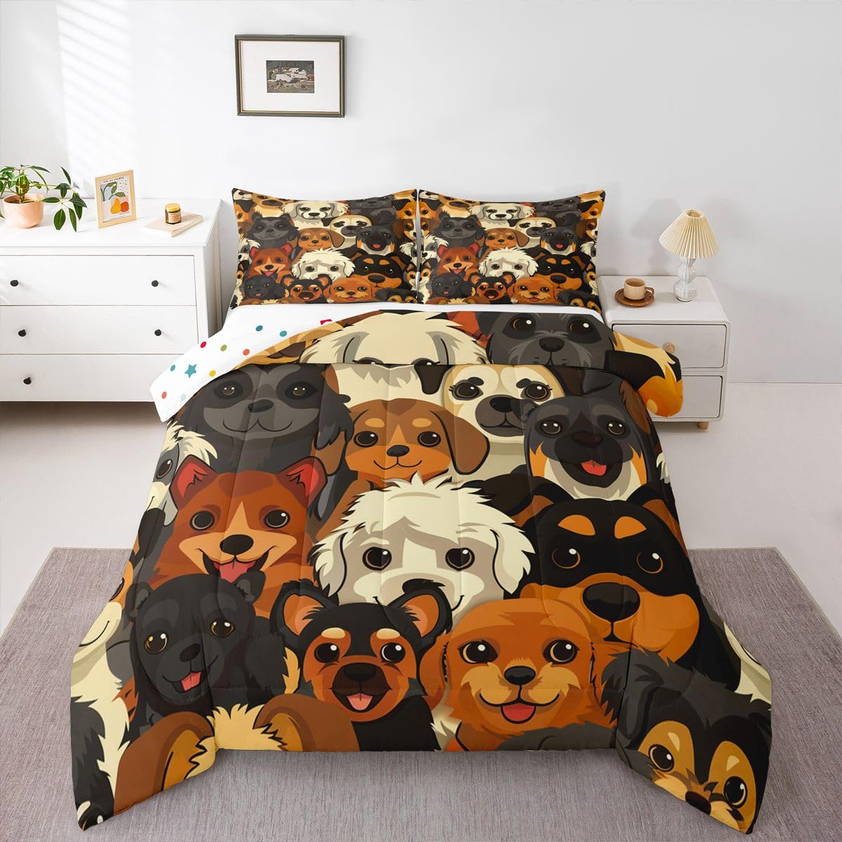 jejeloiu Cute Dog Comforter Set Toddler Size Kawaii Pet Animal Bedding Set for Kids Boys Girls Puppy Duvet Quilt Bedroom Decor Microfiber 2 Pcs with 1 Pillow Cases