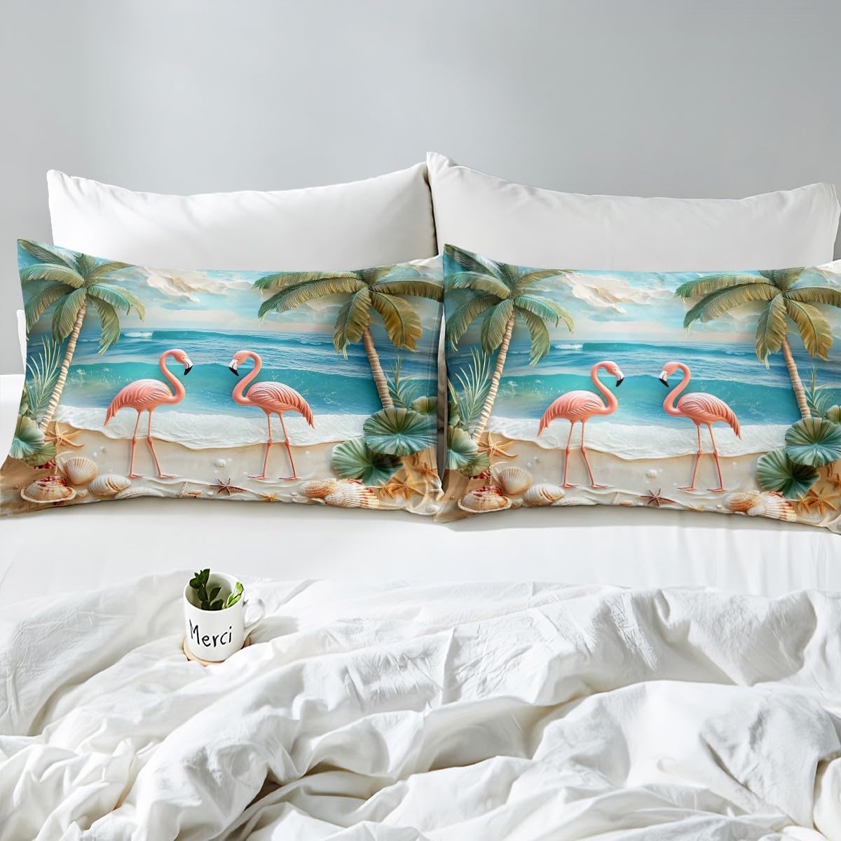 jejeloiu Hawaiian Beach Fitted Sheet Full Size Kids Palm Leaf Tropical Flamingo Bed Sheets Set for Boys Girls Teens Summer Sea Ocean Wave Starfish Seashell Conch Bedding Set Room Decor