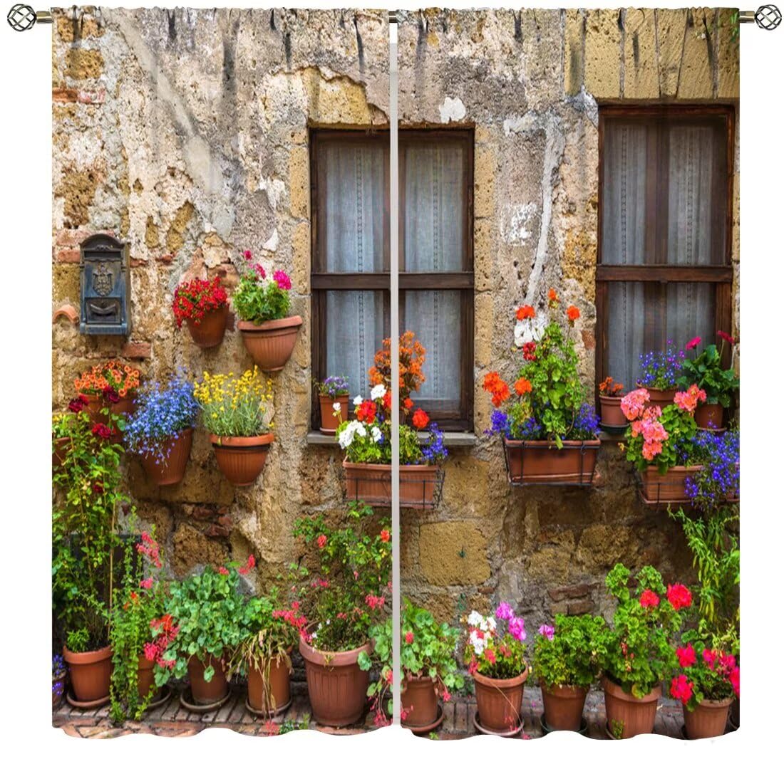 DDCBNS ltalian Style Curtains Old Stone Wall Flowers Printed Window Treatments for Bedroom Living Room Kitchen Café European Town Scenery Décor Drapes 2 Panel Sets Total Size 42" x 45"
