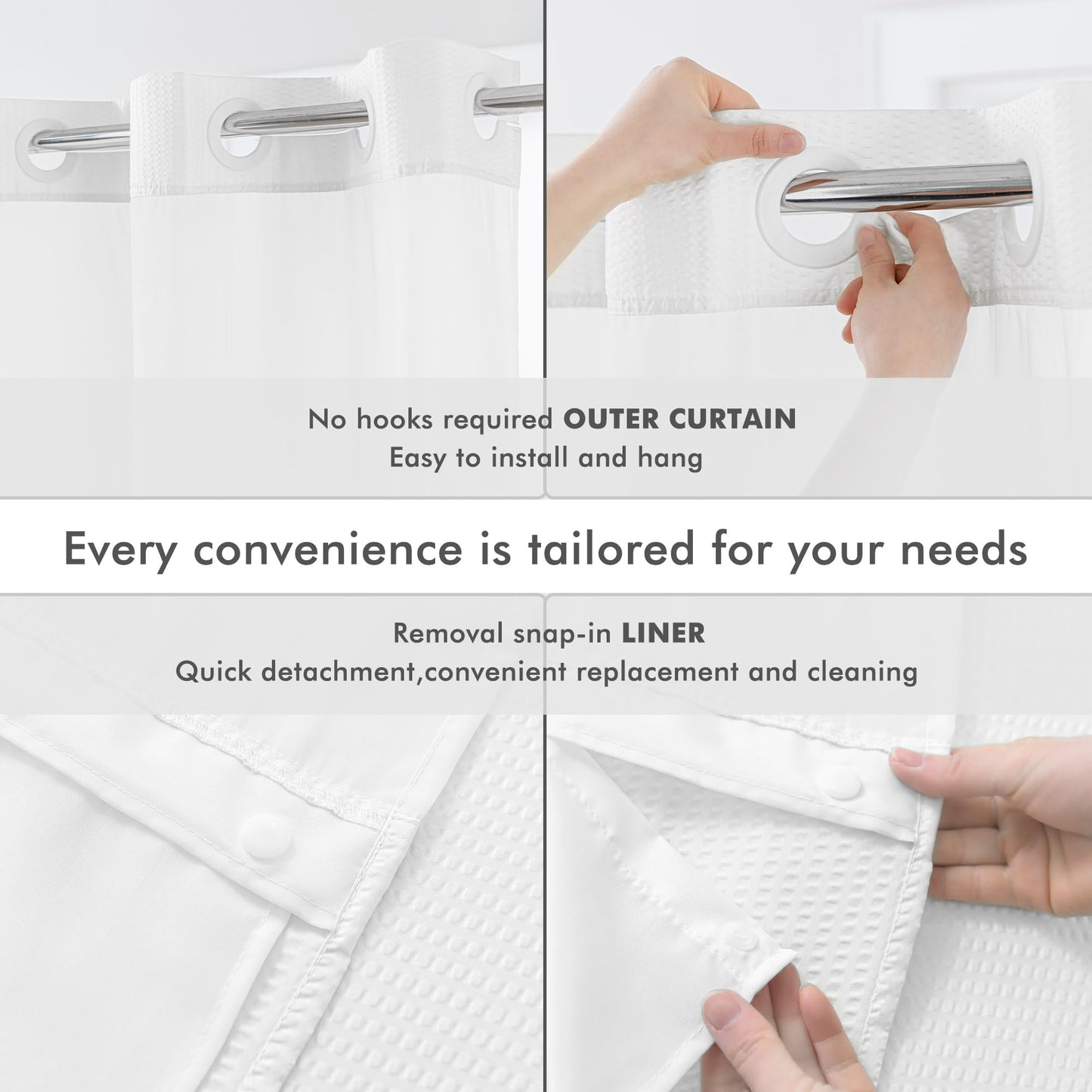 Mrs Awesome No Hook Shower Curtain with Snap-in Liner Less Time On/Off, Embossed Waffle-Look Textured Fabric Shower Curtain for Bathroom Hotel Style, Washable, Soft & Lightweight, 71x74, White
