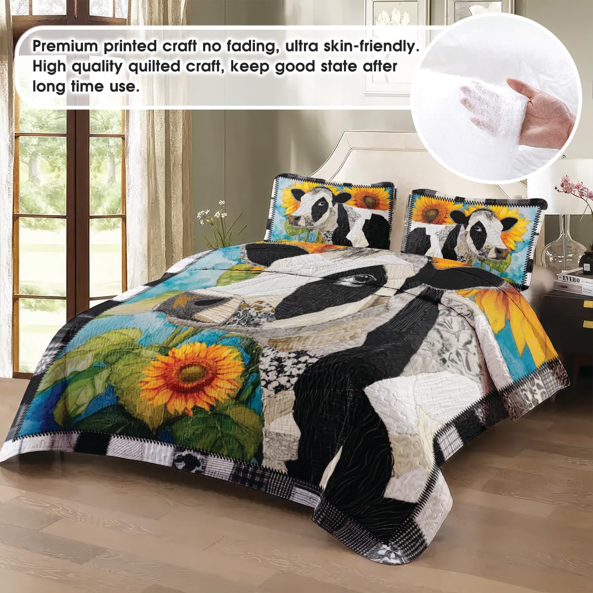 Jeminise Cow with Landscape Patchwork Quilt, Animal Farmhouse Printed Quilt Set Bedding Set, Premium Patchwork Pattern Quilts Bedspread, Bedding Set with Cow Lover Gift