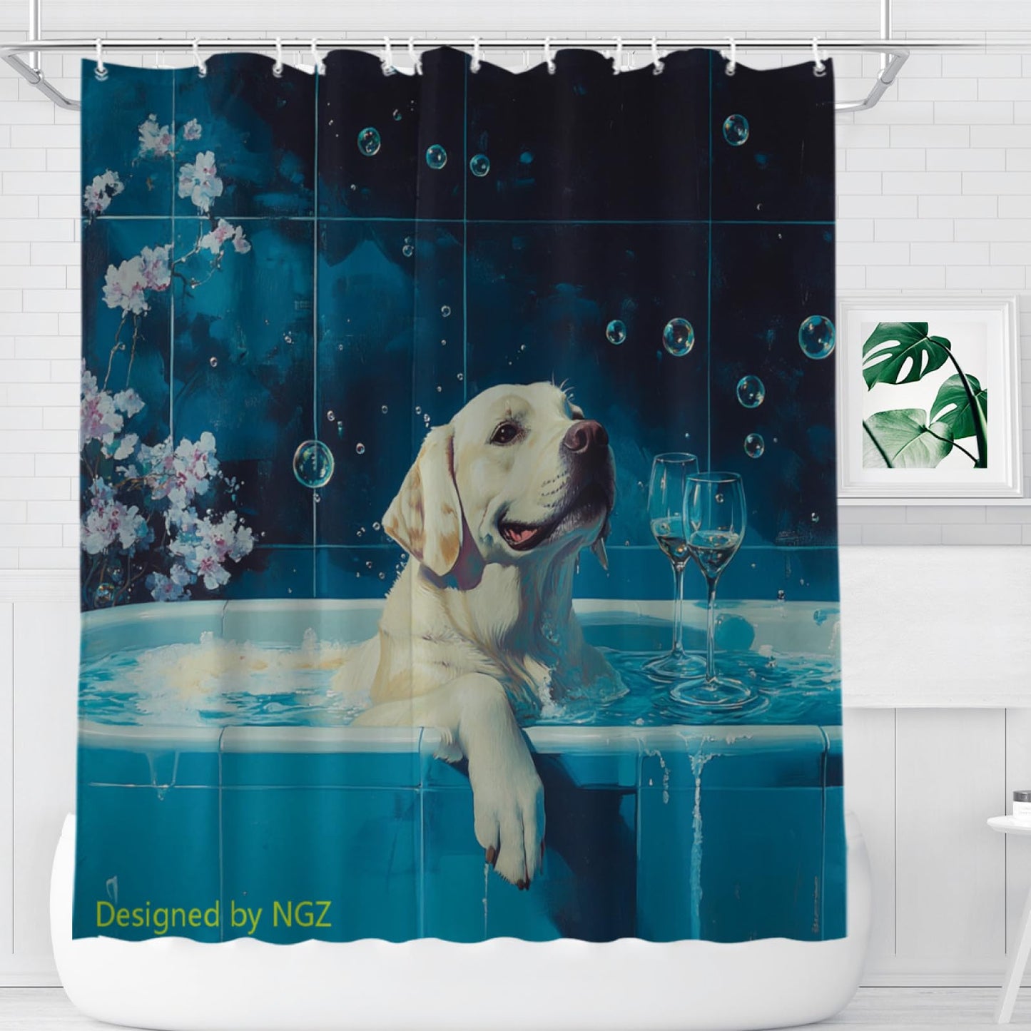 NGZ Funny Labrador Retriever Shower Curtain, SPA with Wine, Blue Shower Curtain, 72x72 Inches Shower Curtains for Bathroom, Bath Curtains Set with 12 Hooks