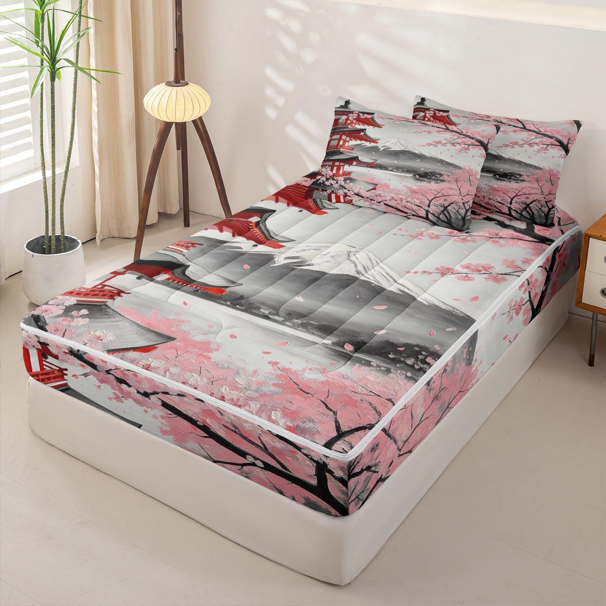 Erosebridal Japanese Cherry Blossom Kids Bedding Set Full Pavilions Mount Fuji Zipper Comforter Set for Boys Girls Teen Pink Sakura Floral Zip Up Bedding Oil Painting Bed in a Bag Set