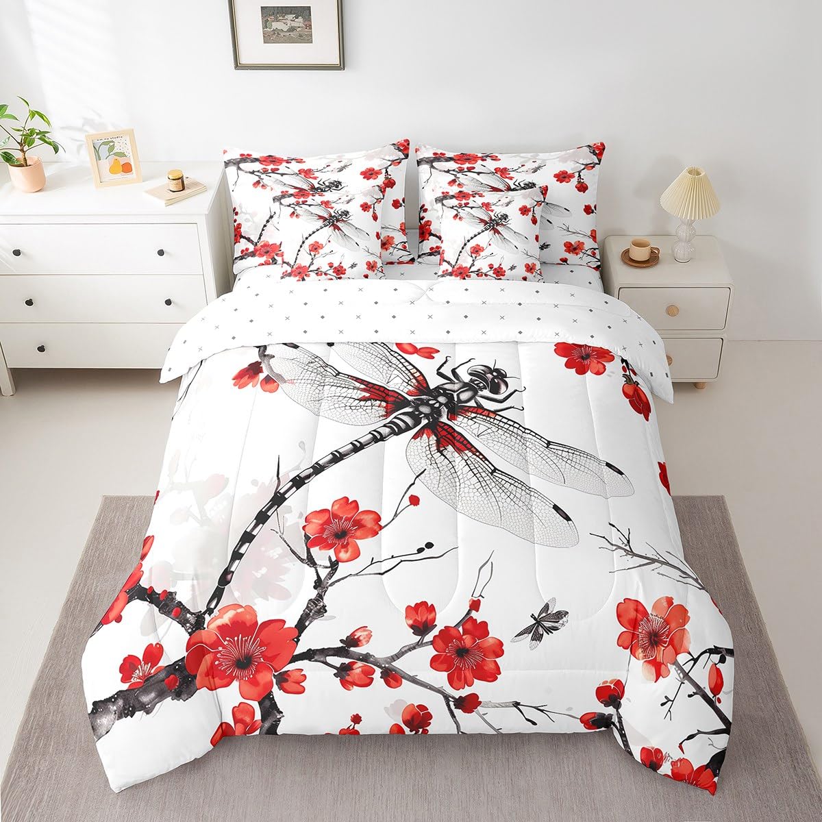 Erosebridal Red Floral Flower Comforter Set Queen,Hippie Dragonfly Bedding Set 7Pcs for Kids Boys Girls,Spring Cherry Blossom Bed in a Bag
