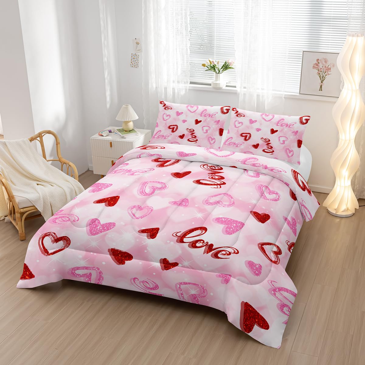 Nttopship Pink Love Heart Comforter Bedding Set with 2 Pillowcase Twin Size Pink Girl Comforter Set for Kids Boys Girls Bedroom Decor