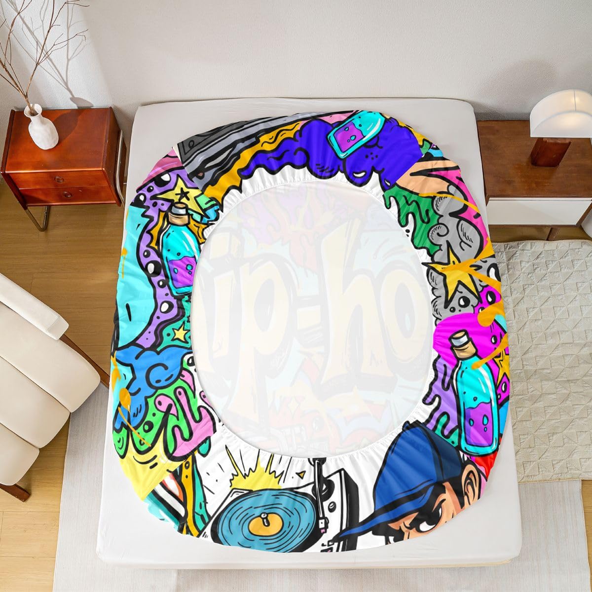 Feelyou Hippie Graffiti Sheets Hip Hop Radio Rock Bed Sheet Set Kids Boys Colorful Graffiti Pattern Bedding Set Watercolor Art Fitted Sheet Bedroom Collection 3Pcs Full Size