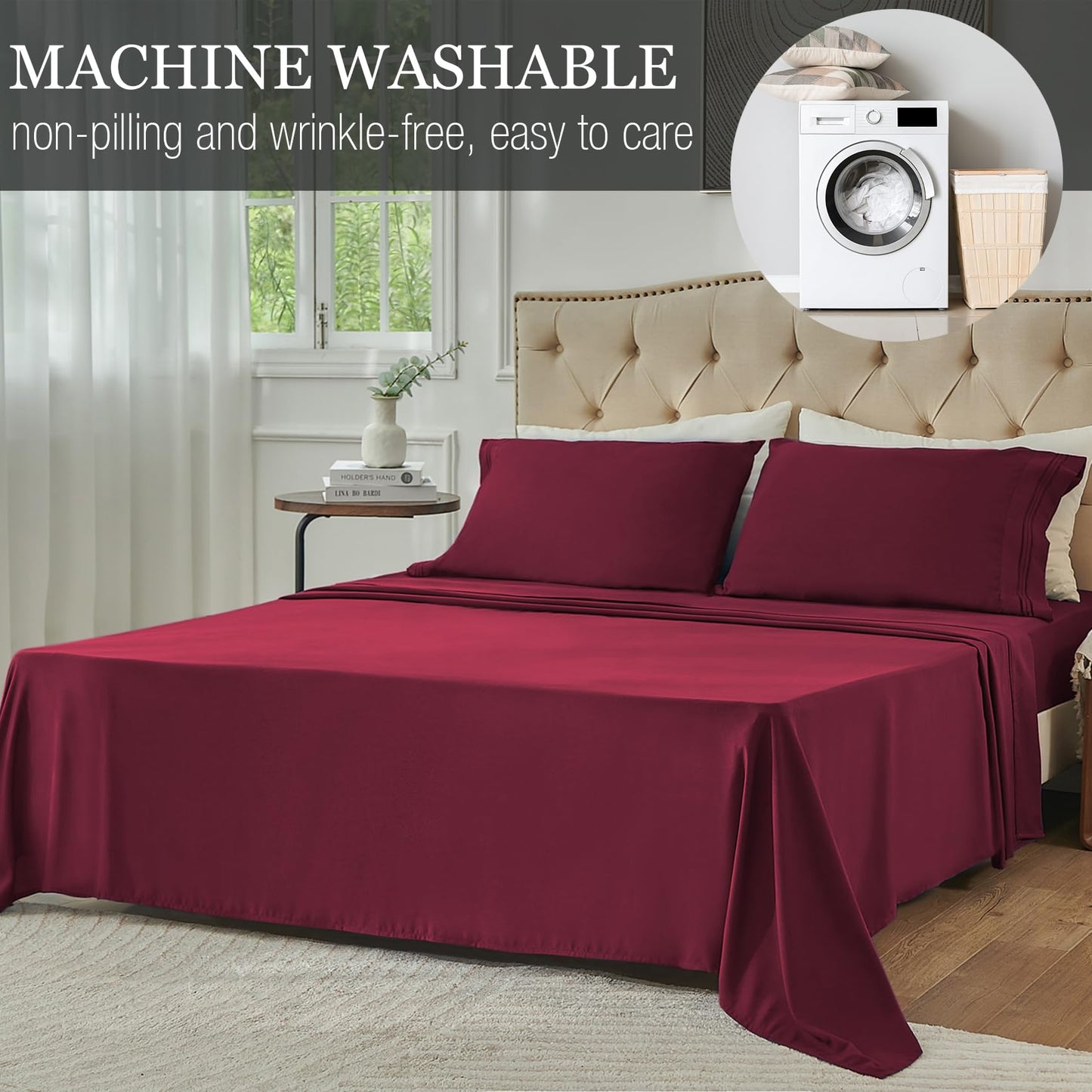 Yibeizi King Size Sheets Set Cooling Deep Pocket Bed Sheet Sets, Red Soft Microfiber Oeko-Tex Hypoallergenic Sheets & Pillowcases Wrinkle Free Bedsheets