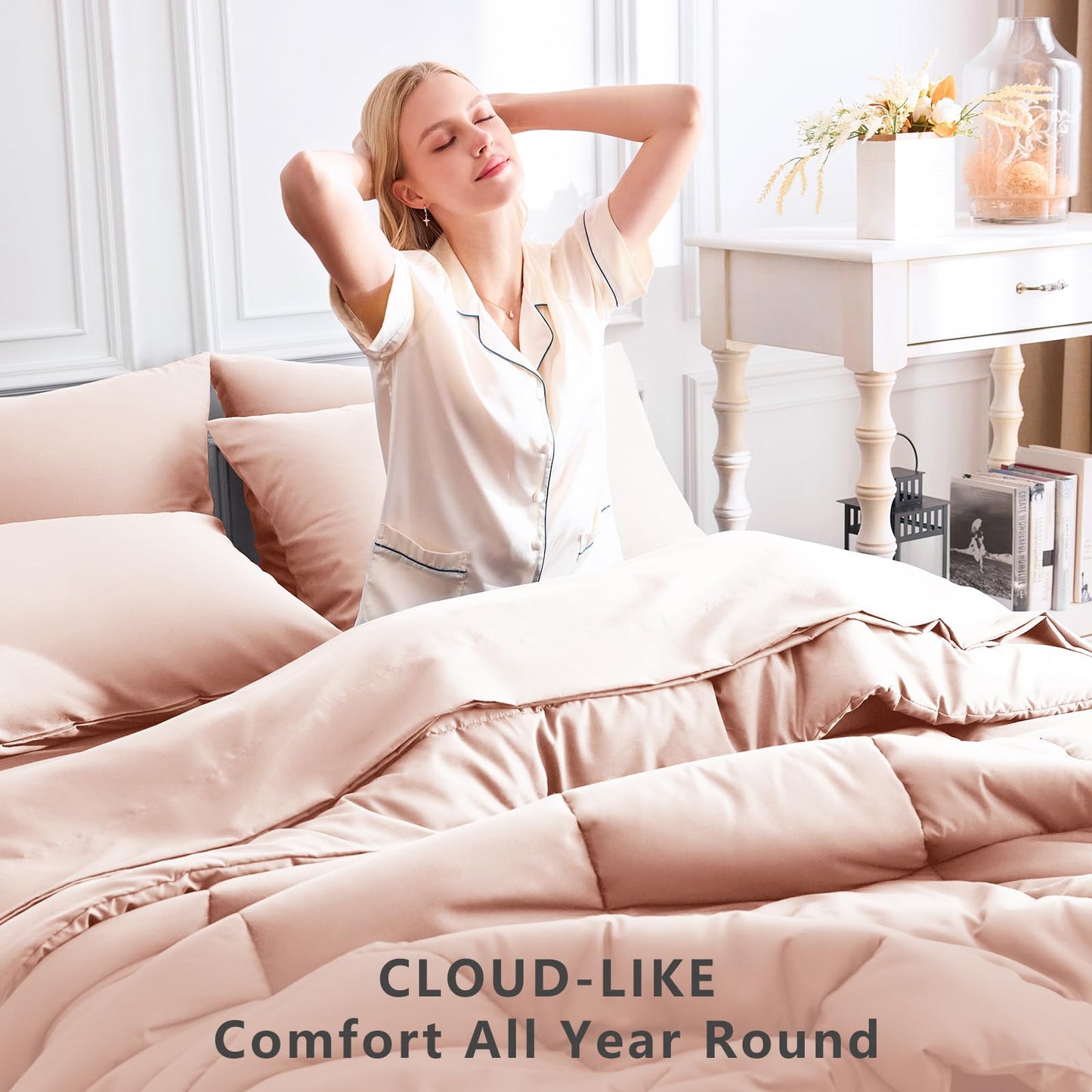 CozyLux Queen Comforter Set Blush Pink, 7 Pieces Bed in a Bag, Pink Comforters Queen Size, All Season Bedding Sets with Stitch Quilted Comforter, Flat Sheet, Fitted Sheet, Pillowcases