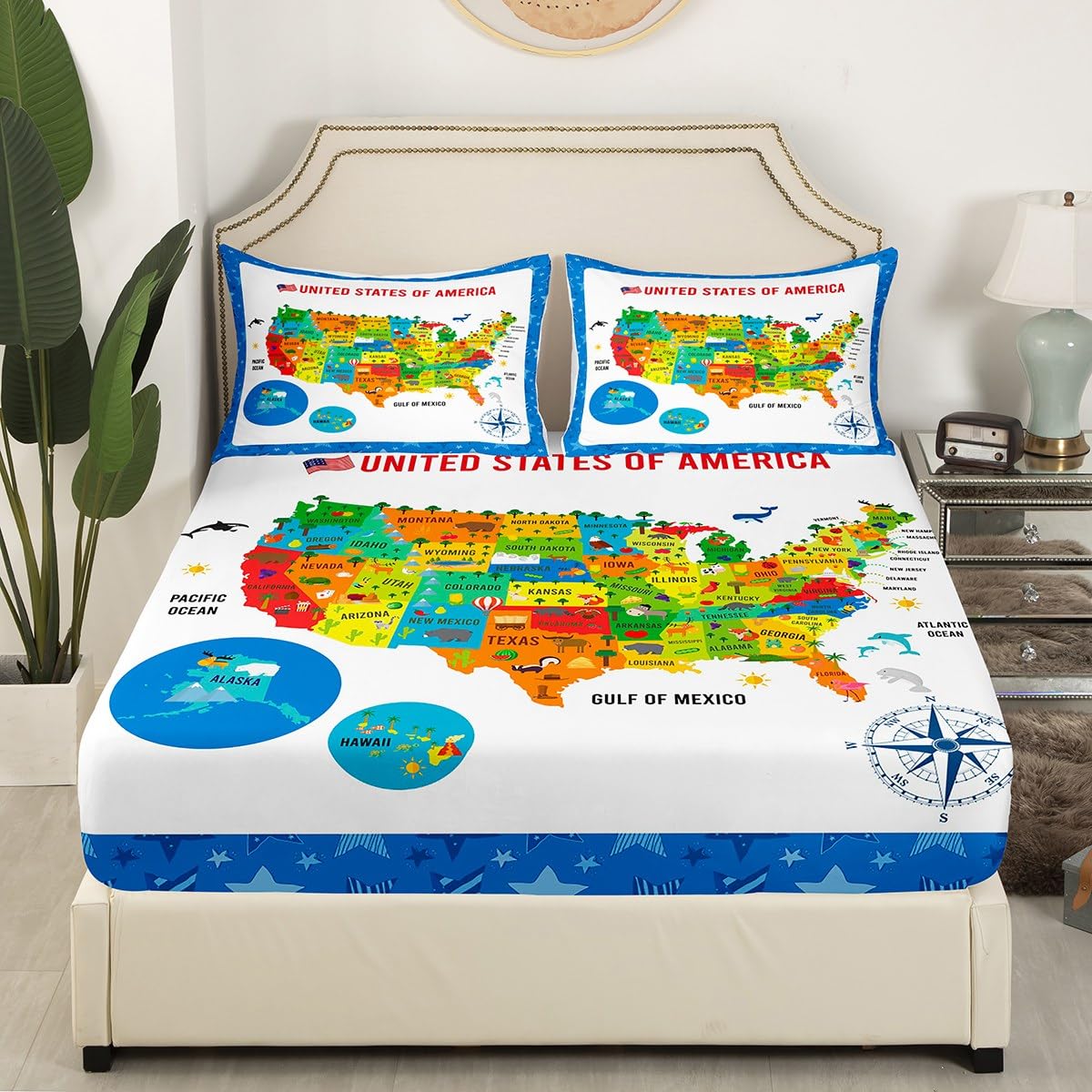 US Geography Bedding Set Twin Size, Geography USA Map Bed Sheet Set for Kids Boys Girls Teens Learning Educational Fitted Sheet Educational Map Bed Cover 2Pcs (No TOP Sheet)